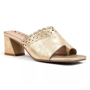 NYDJ Gold Mules Alanah Block Heel Leather Sandals Slip On Sz 9.5 *See Desc*